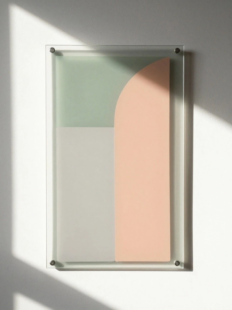 Glass-framed abstract art with mint green, white, and peach arched panels on wall