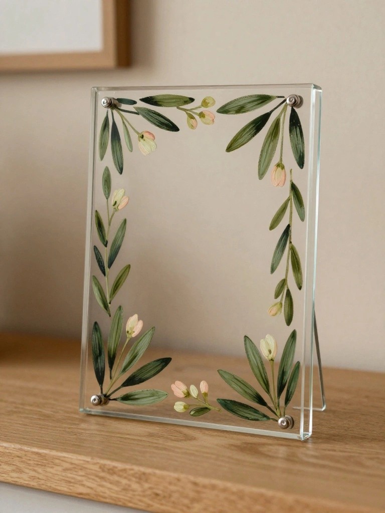 A clear rectangular glass panel with a painted green leaf and pink bud border stands on a wooden surface.