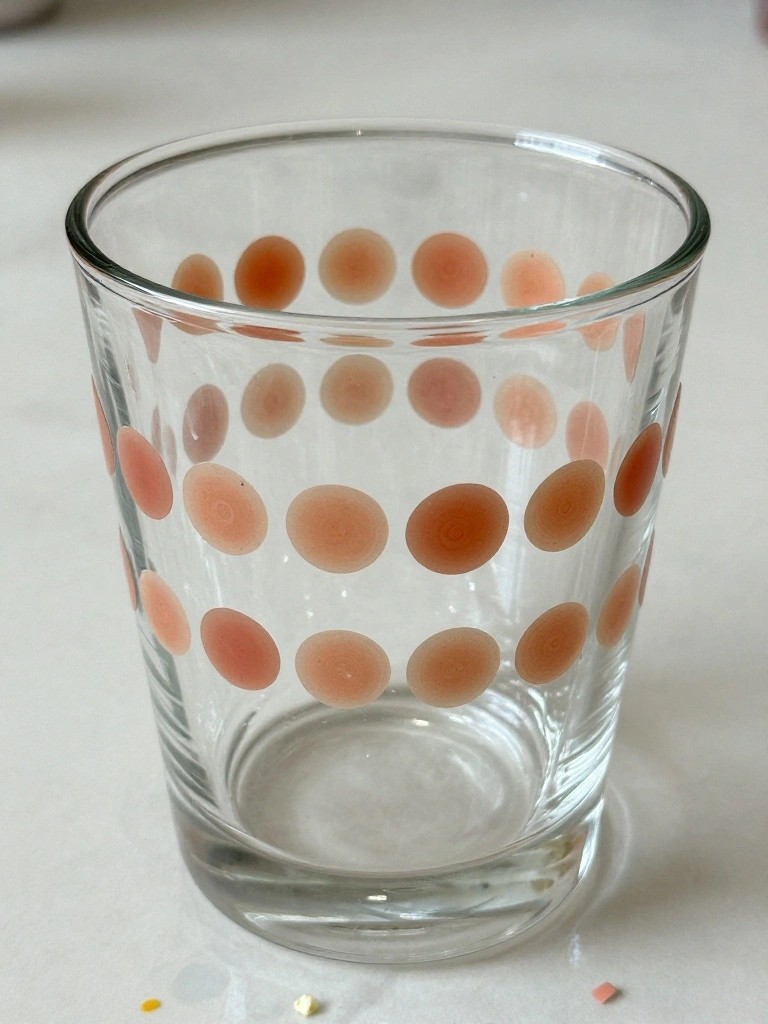 Clear glass tumbler with rows of peach polka dots on white surface