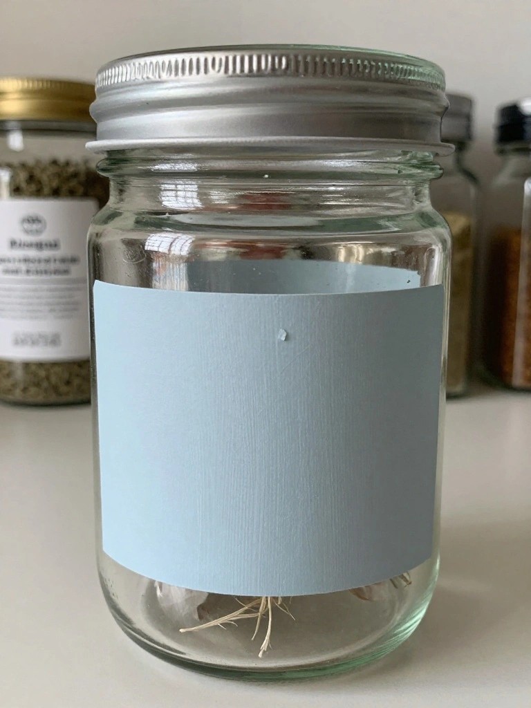 Glass jar with silver lid, blue label, and dried stems inside