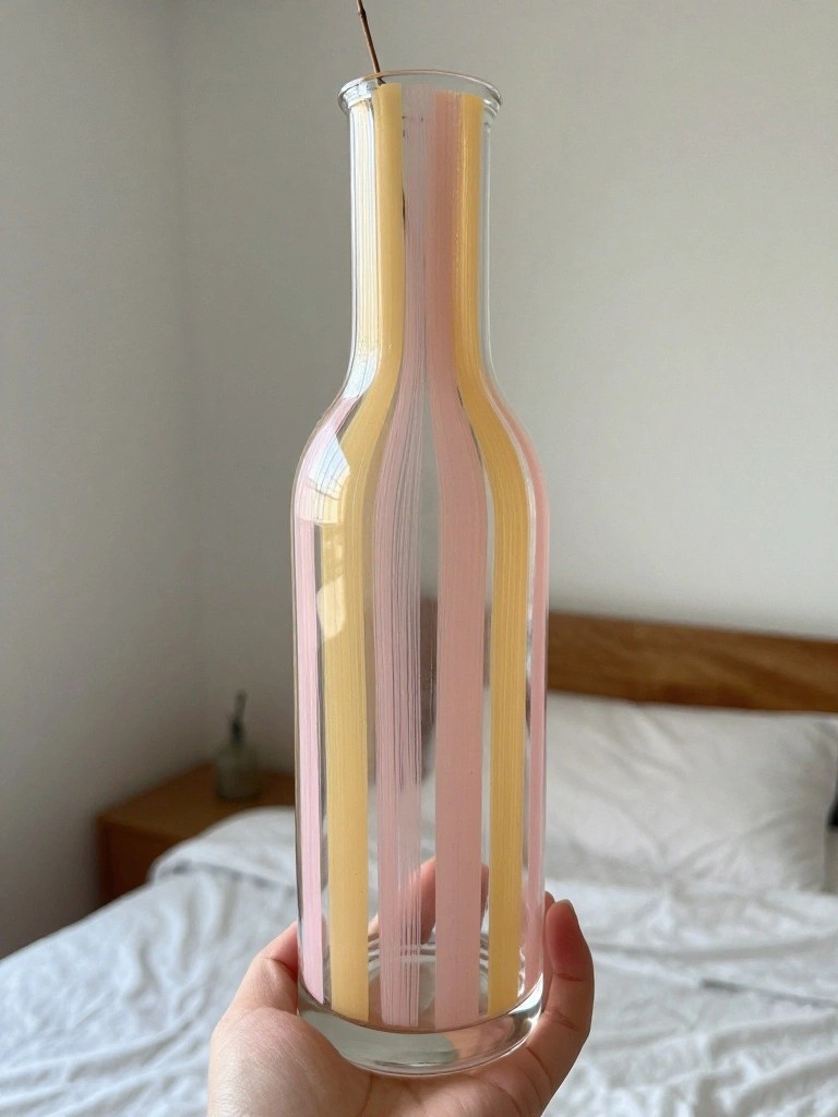 Hand holding glass bottle with vertical pink and yellow stripes in bedroom