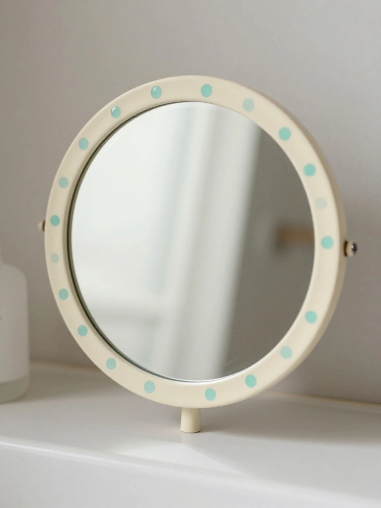 Round mirror with cream frame and light blue polka dots on stand