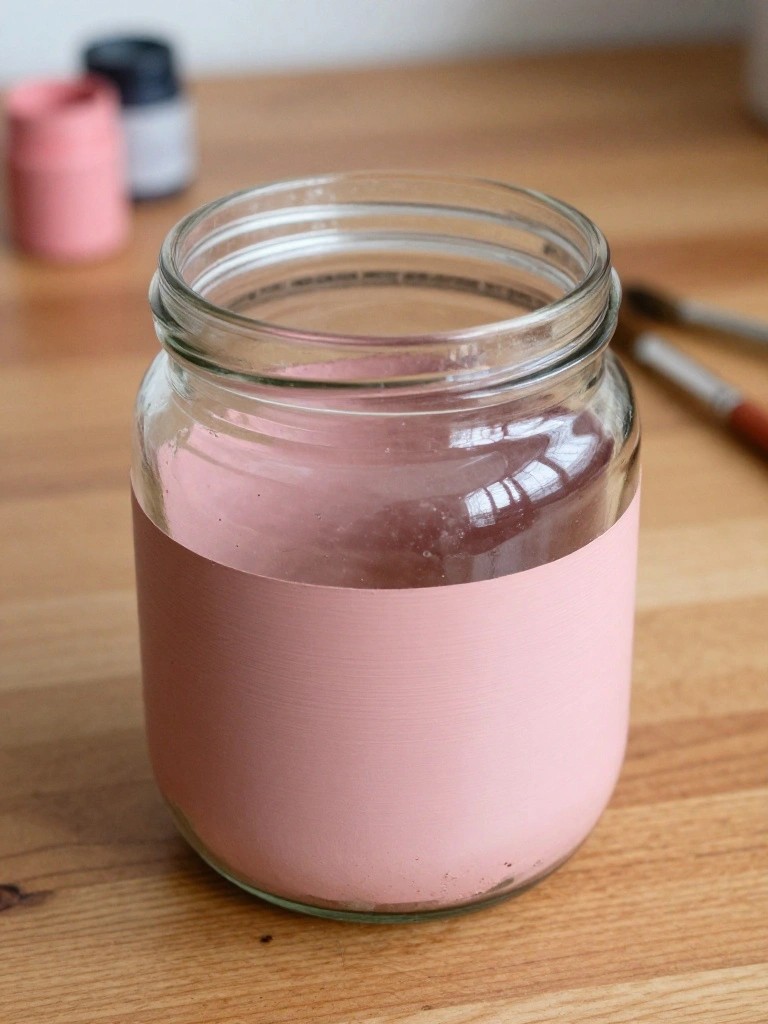 Glass jar half-painted pink on wooden table with art supplies in background.