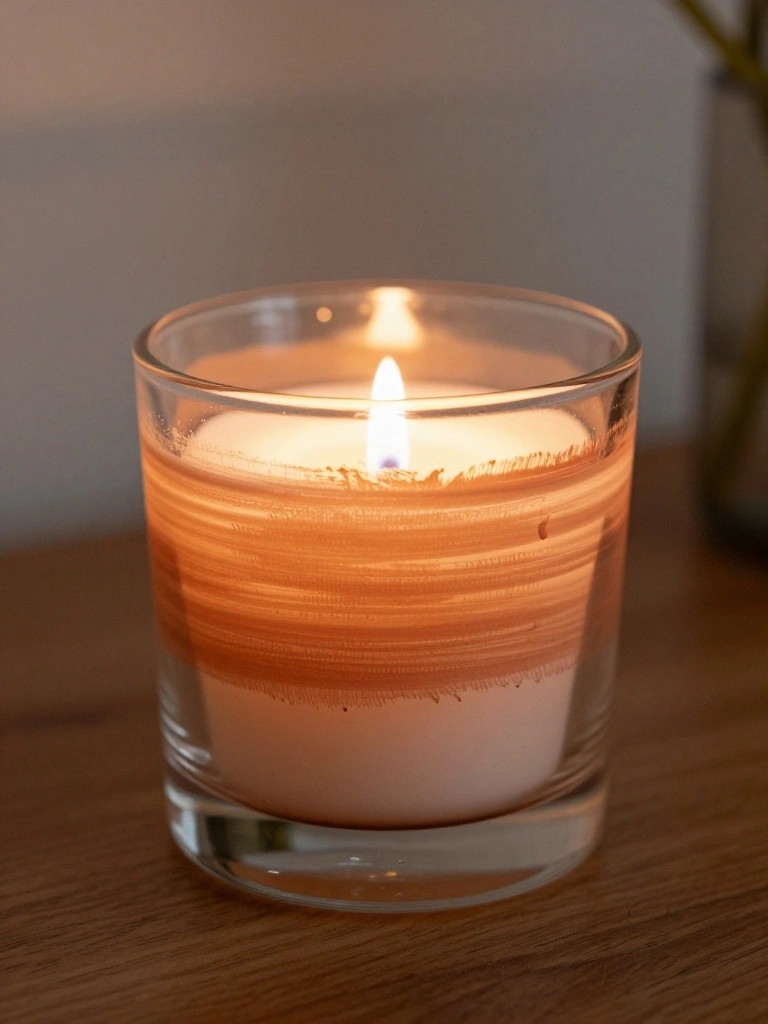 Lit candle with layered orange and white wax in a clear glass jar on wood.