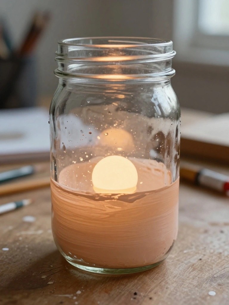 Glowing orb inside peach-painted glass jar on wooden table with art supplies