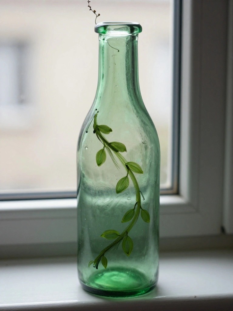 Green glass bottle with painted vine, leaves, and water droplets on windowsill