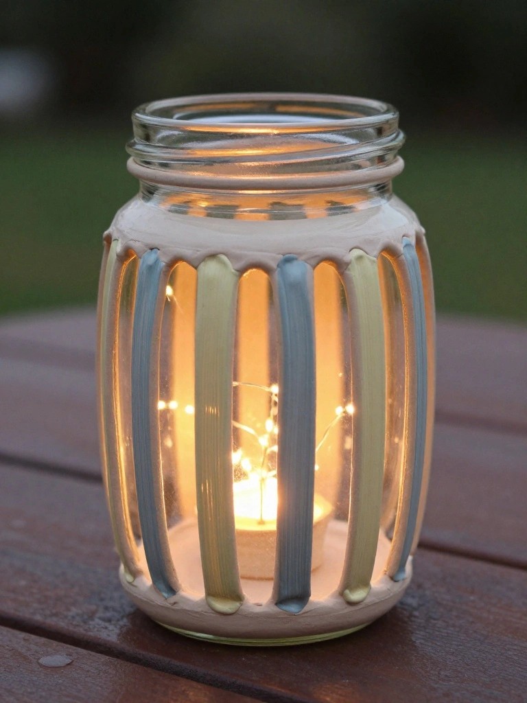 Decorated glass jar with pastel stripes glowing from candle and fairy lights.