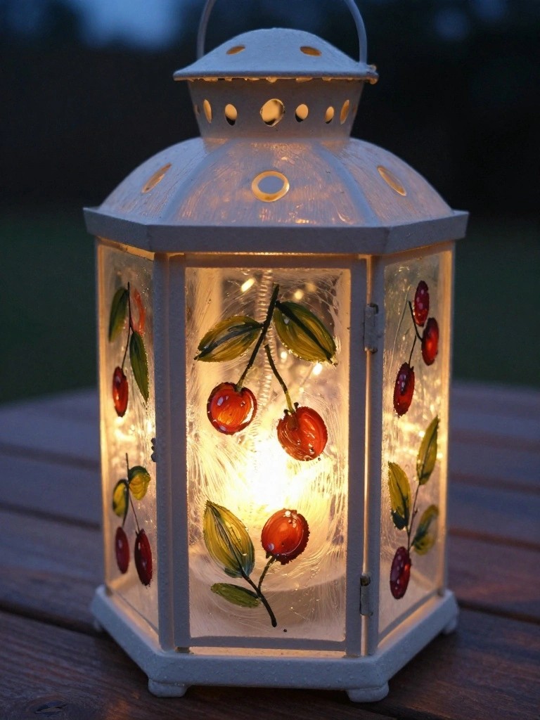 Lit white lantern with painted red cherries and green leaves on glass panels