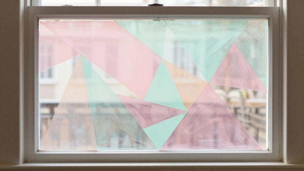 19 Stylish Window Glass Painting Designs for Privacy and Natural Light White double-hung window with pastel geometric triangles in pink, mint, and peach.