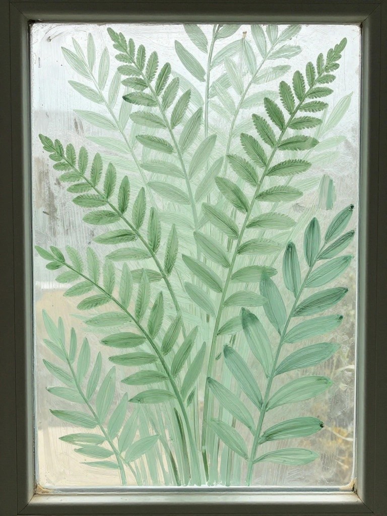 Window glass painted with overlapping green fern-like leaves and stems