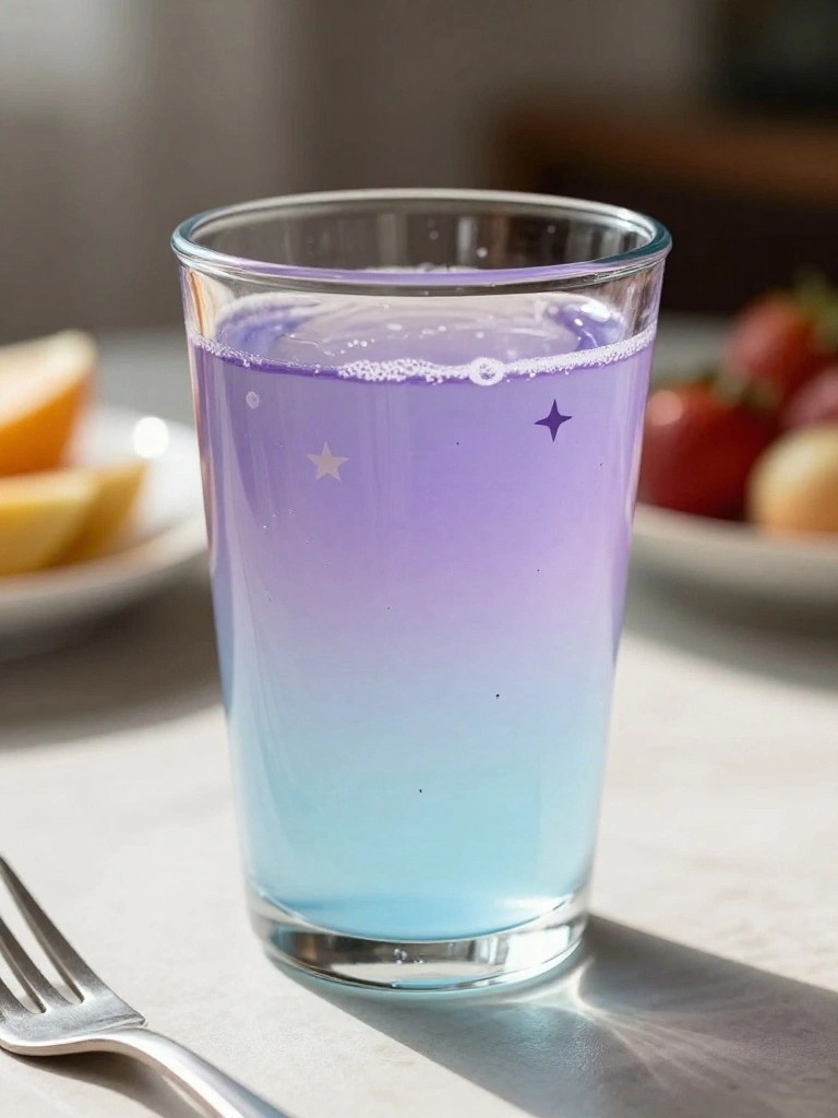 Glass of purple-to-blue gradient liquid with star decals, bubbles, and nearby fork.