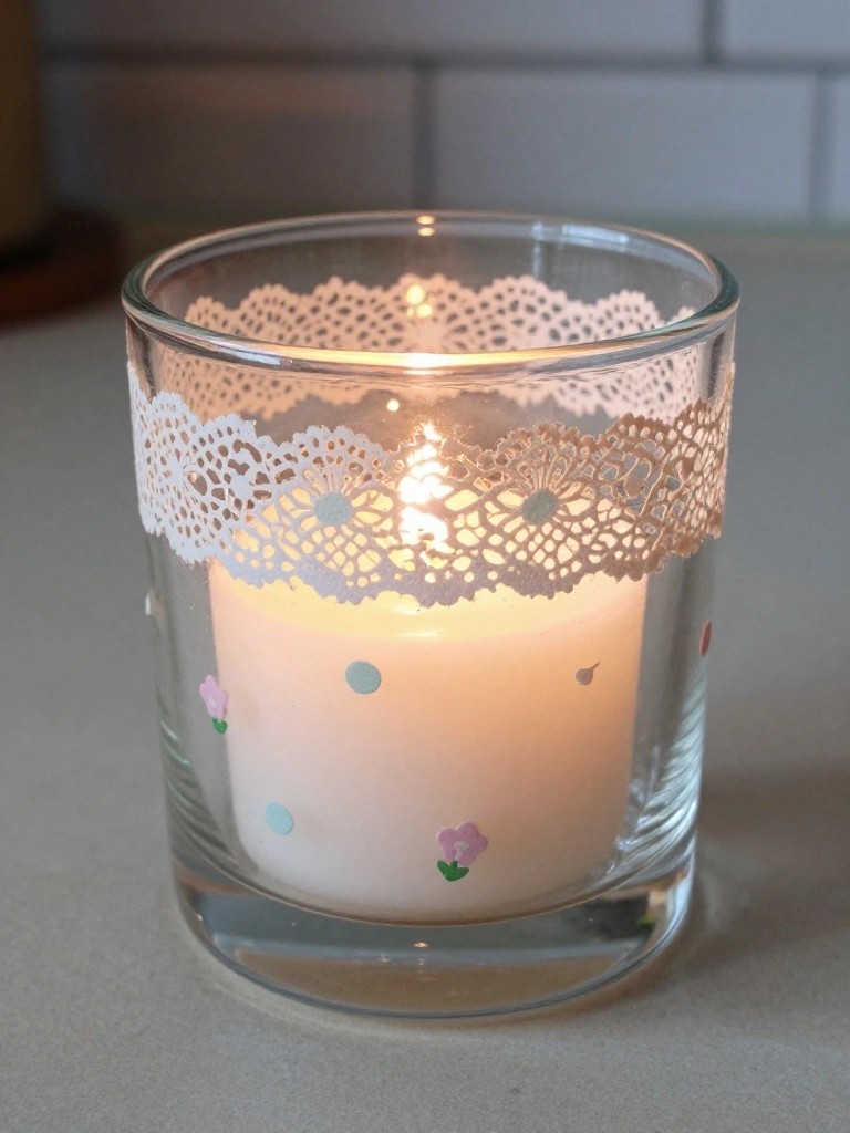 Lit candle in glass jar with lace trim, polka dots, and flowers