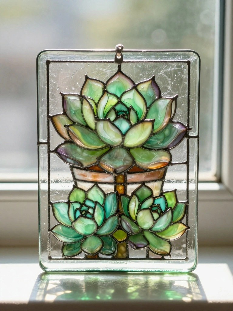 Stained glass panel of green succulents in a pot on a windowsill.