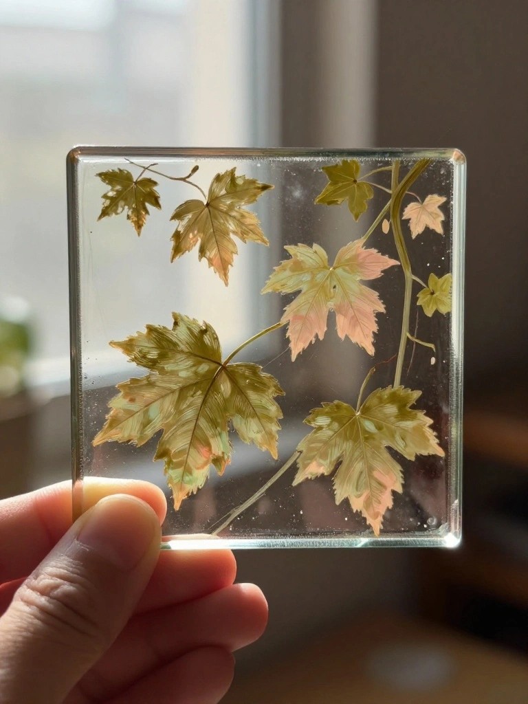 Hand holds square glass panel with embedded green yellow and pink maple leaves