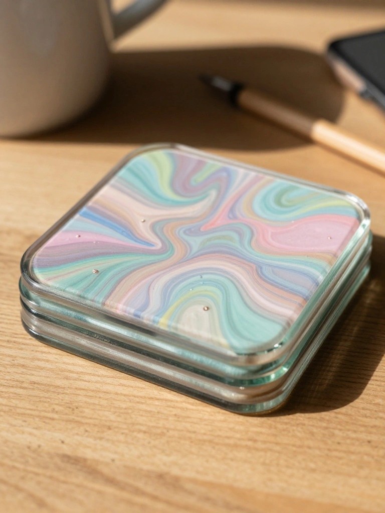 A stack of square glass coasters with marbled pastel swirls sits on a wooden table.