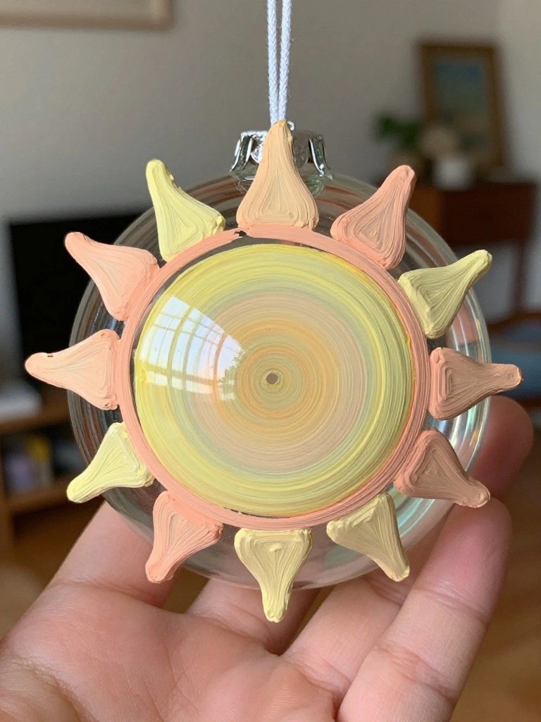Hand holding glass ornament with swirled yellow center and peach sun rays