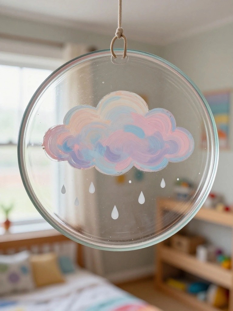 Pastel cloud painted on round glass ornament with hanging raindrops in child's room