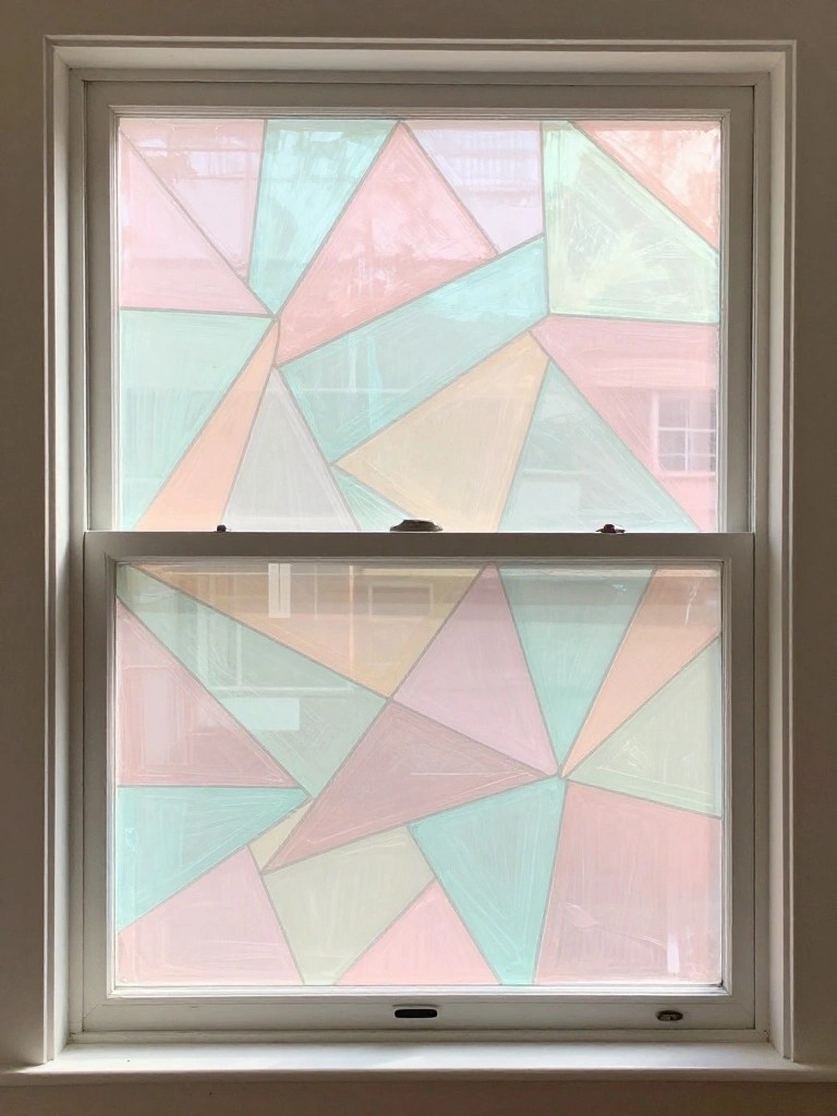 White double-hung window with pastel geometric triangles in pink, mint, and peach.