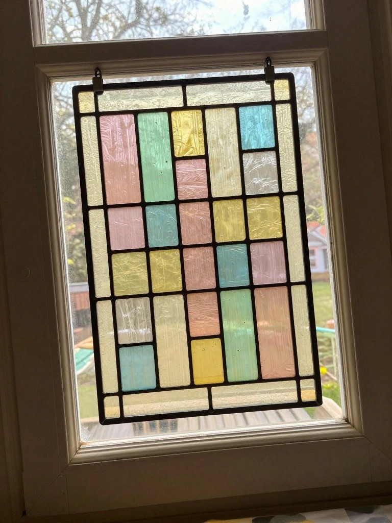 Colorful stained glass panel with pastel rectangles clipped to a window frame