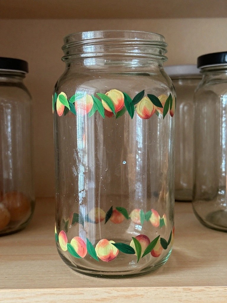 Glass jar with colorful painted peaches and green leaves on wooden shelf