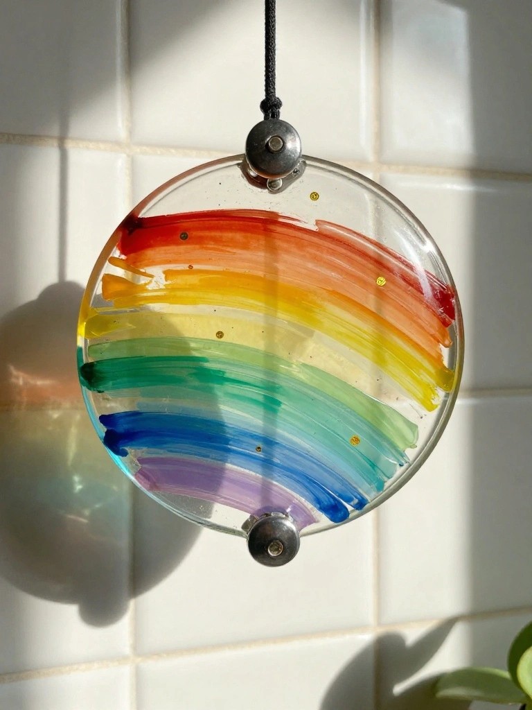 Round glass ornament with rainbow stripes hanging on black cord by white tiles