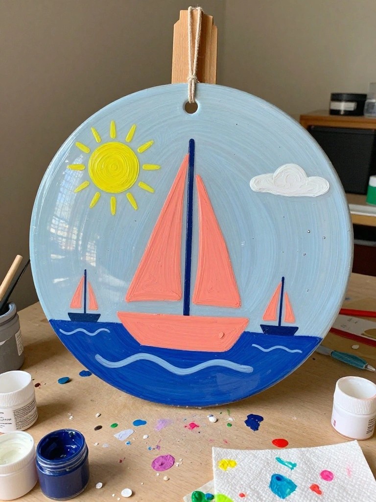 Round painted plaque with pink sailboat, yellow sun, blue waves, and nearby art supplies