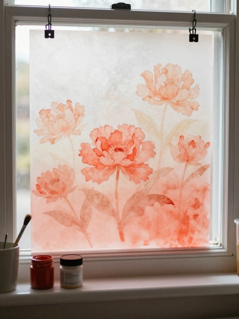 Watercolor coral peonies painted on translucent sheet clipped to window with art supplies below