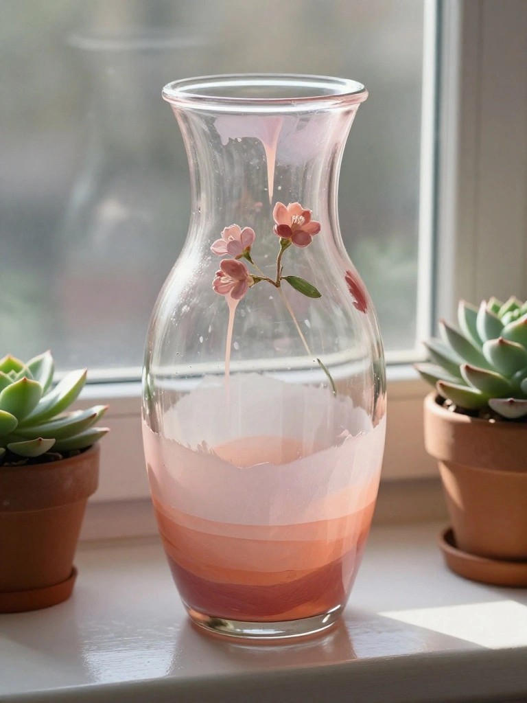 Glass vase with pink flowers and dripping paint between potted succulents on windowsill
