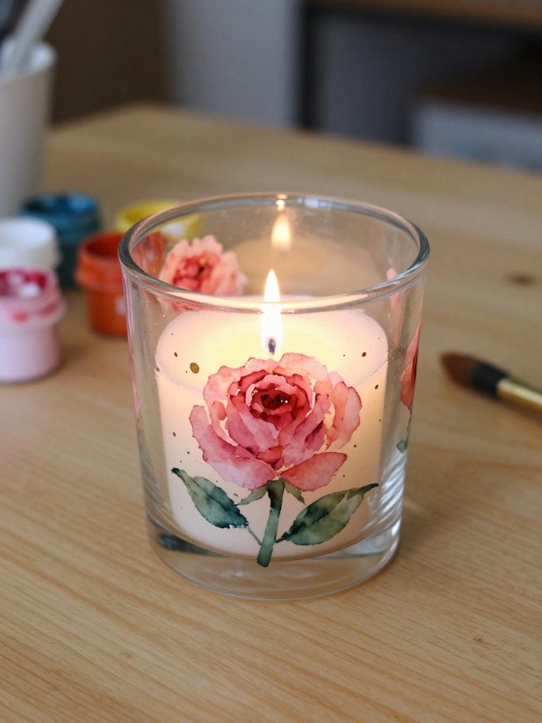 Lit candle in glass holder with pink rose painting on wooden table