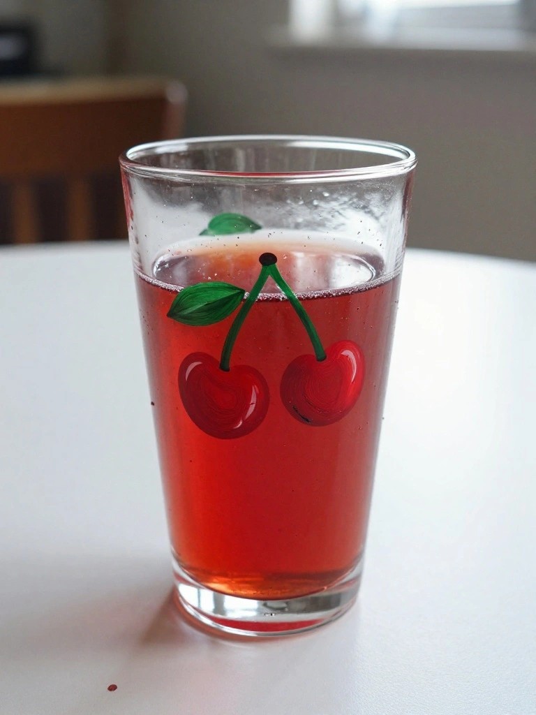 Glass of red liquid with cherry design painted on side, on white table.
