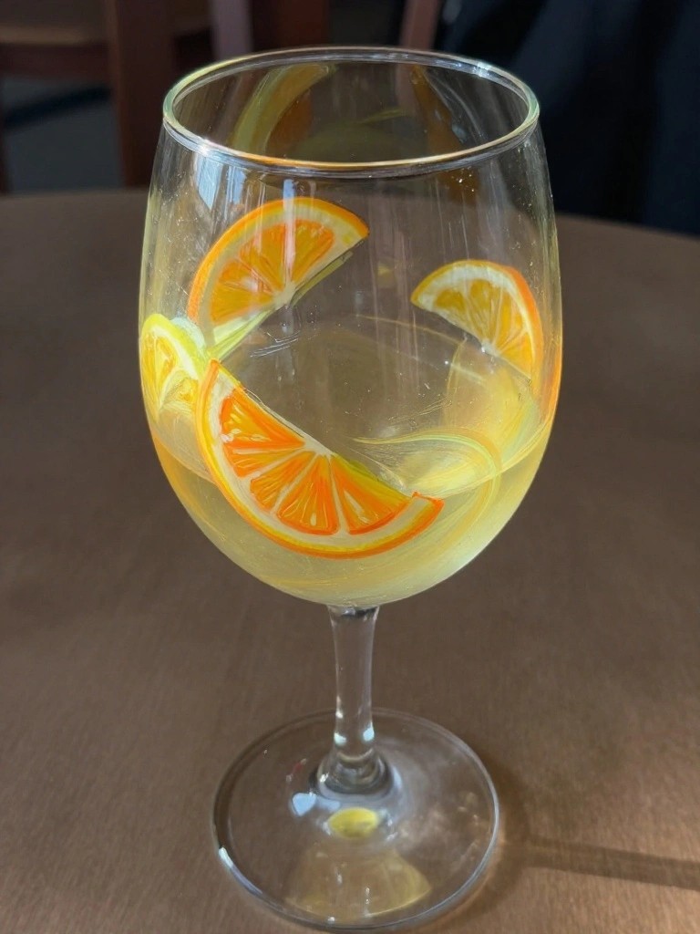 Stemmed wine glass with yellow liquid and orange slices on wooden table