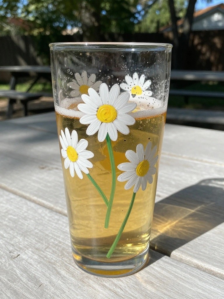 A clear glass with painted white daisies sits on a wooden table filled with a yellow beverage.