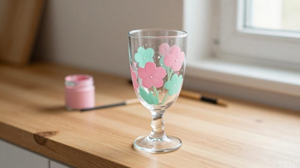 18 Aesthetic Glass Cup Painting Ideas for Instagram-Worthy Drinkware Hand-painted clear glass tumbler with pink flowers and green leaves on wood table.