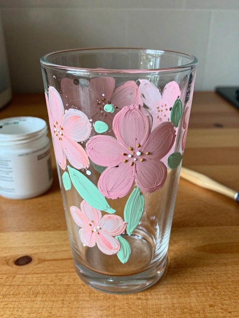 Hand-painted clear glass tumbler with pink flowers and green leaves on wood table.