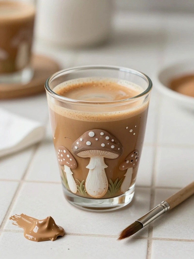 Mushroom-decorated glass of coffee with paintbrush and spilled paint on tiles