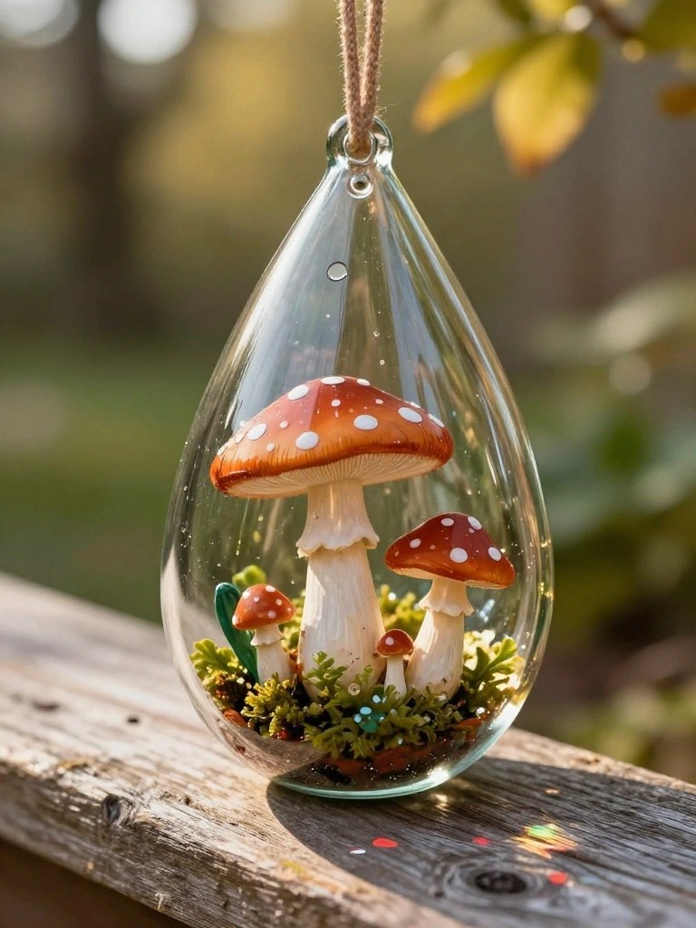 Teardrop glass ornament holding red mushrooms, moss, and glitter on wood.