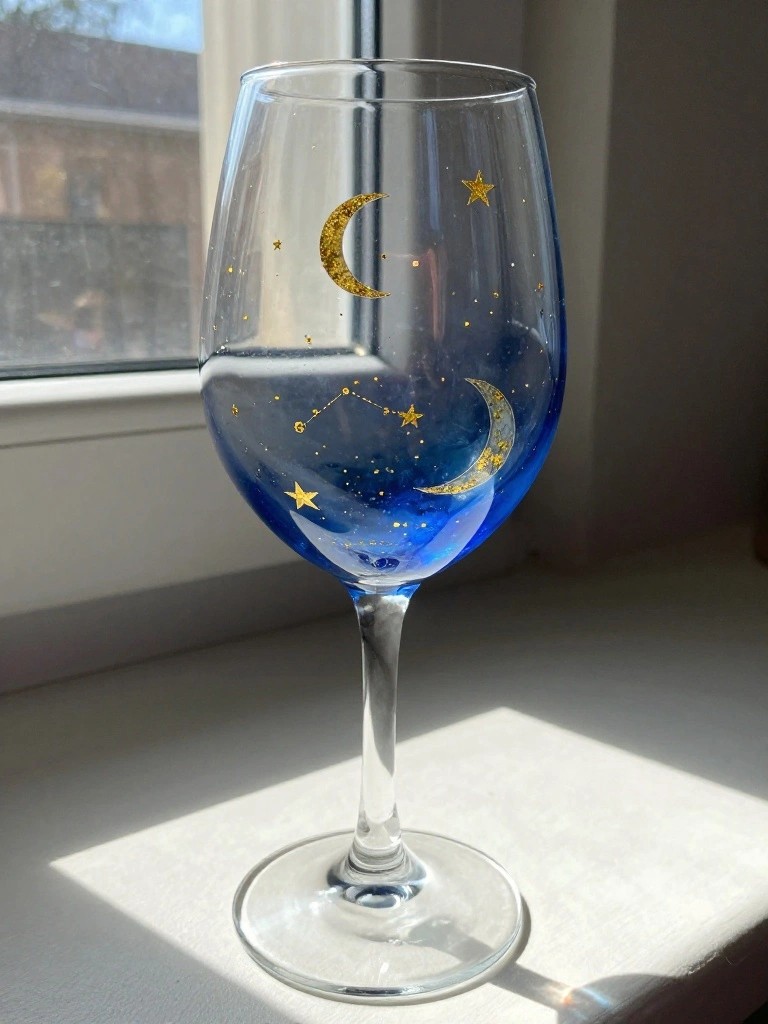 Blue gradient wine glass with gold moons, stars, and constellations on sill