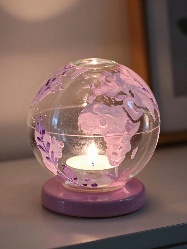 Glass globe candle holder painted with purple world map and lit candle on purple base.