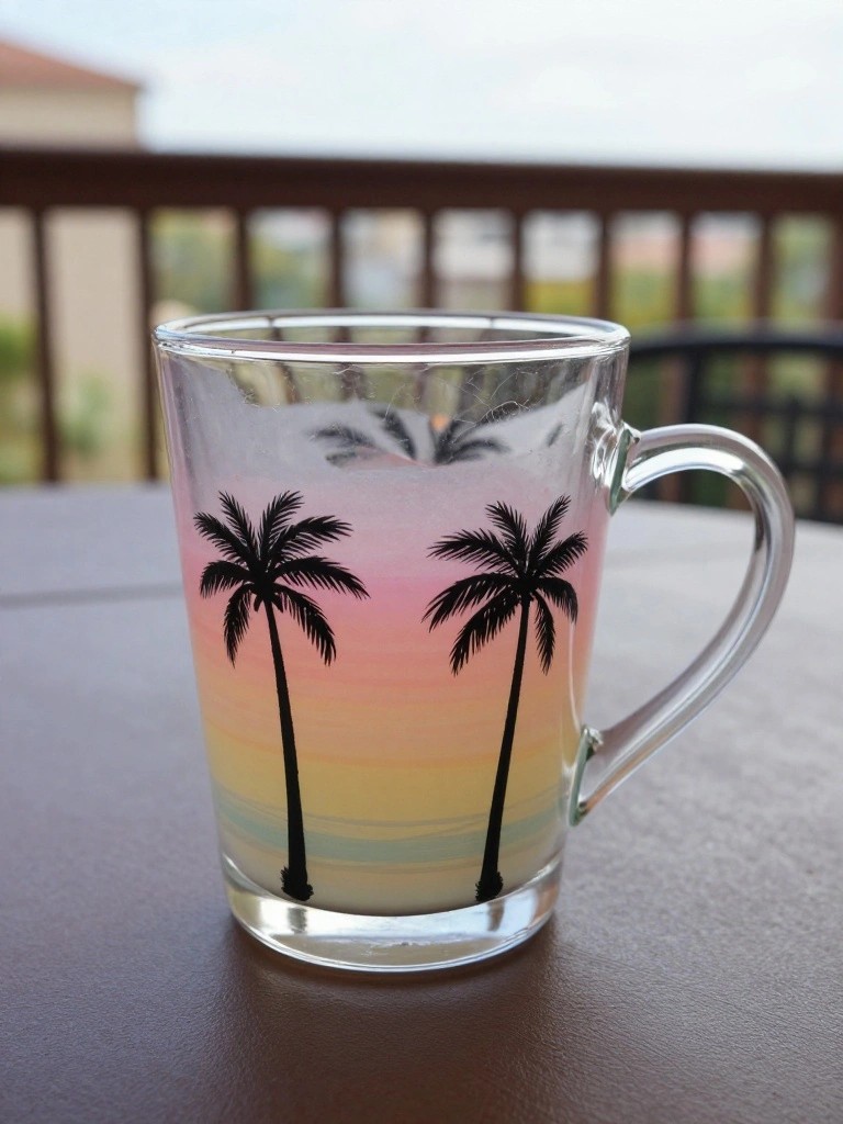 A clear glass mug with a pink-to-yellow gradient and two black palm tree silhouettes sits on a wooden table.