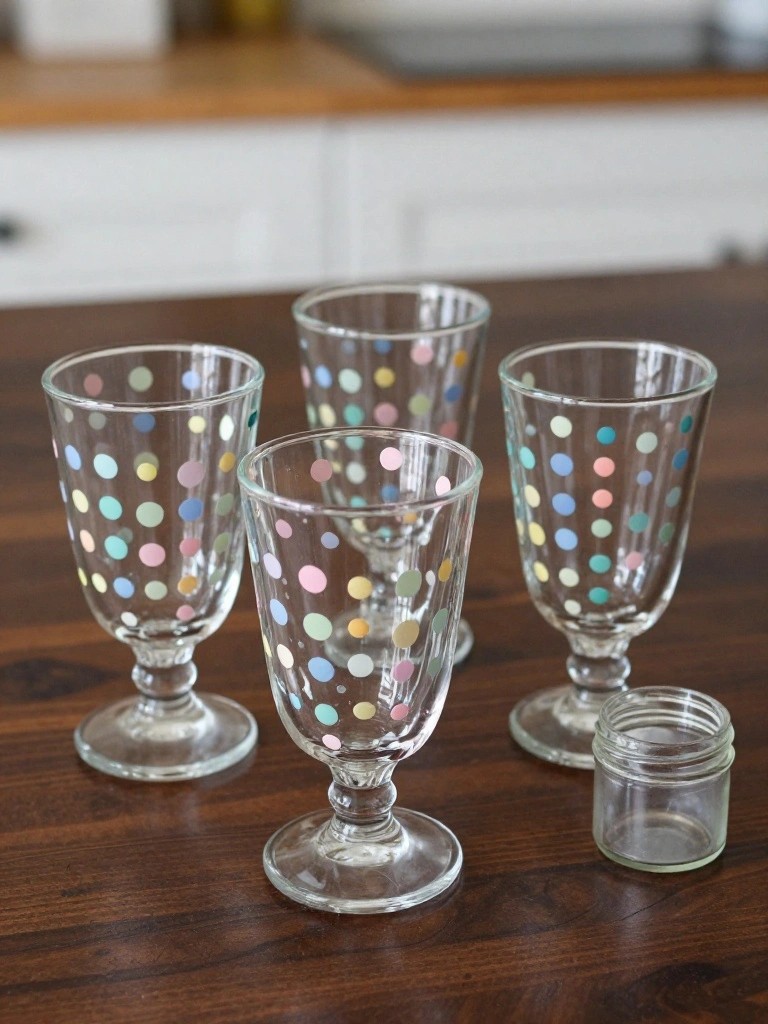 Four polka-dotted glass goblets and a small jar on a wooden table