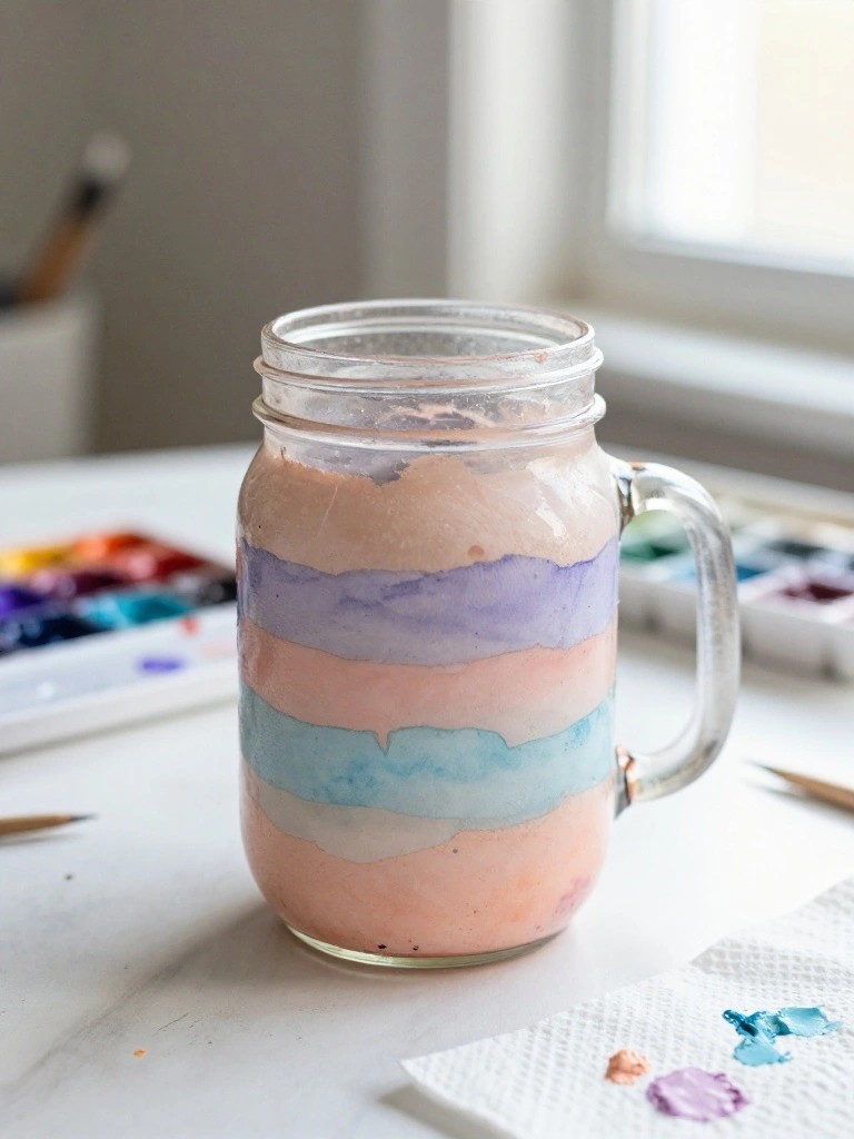 Mason jar with handle holding layered pastel peach purple and blue paints