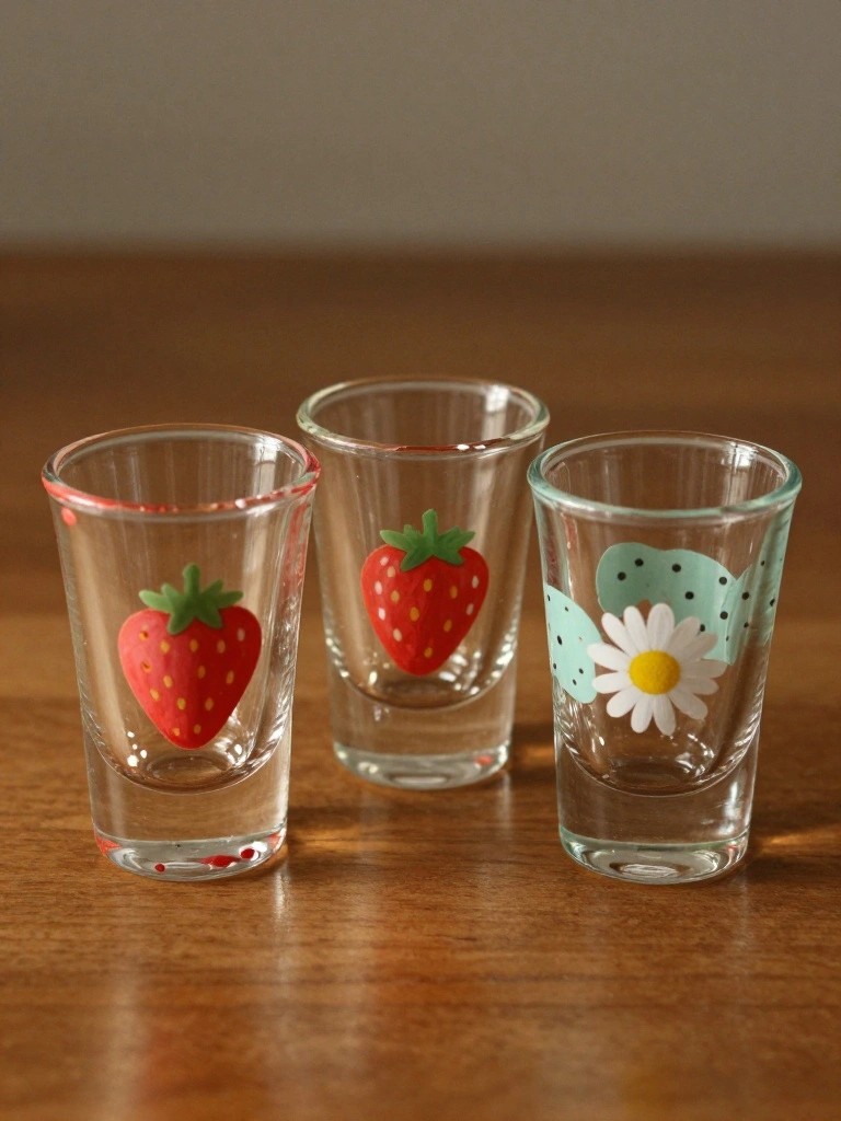 Three small glasses with strawberry and daisy designs on wooden table.
