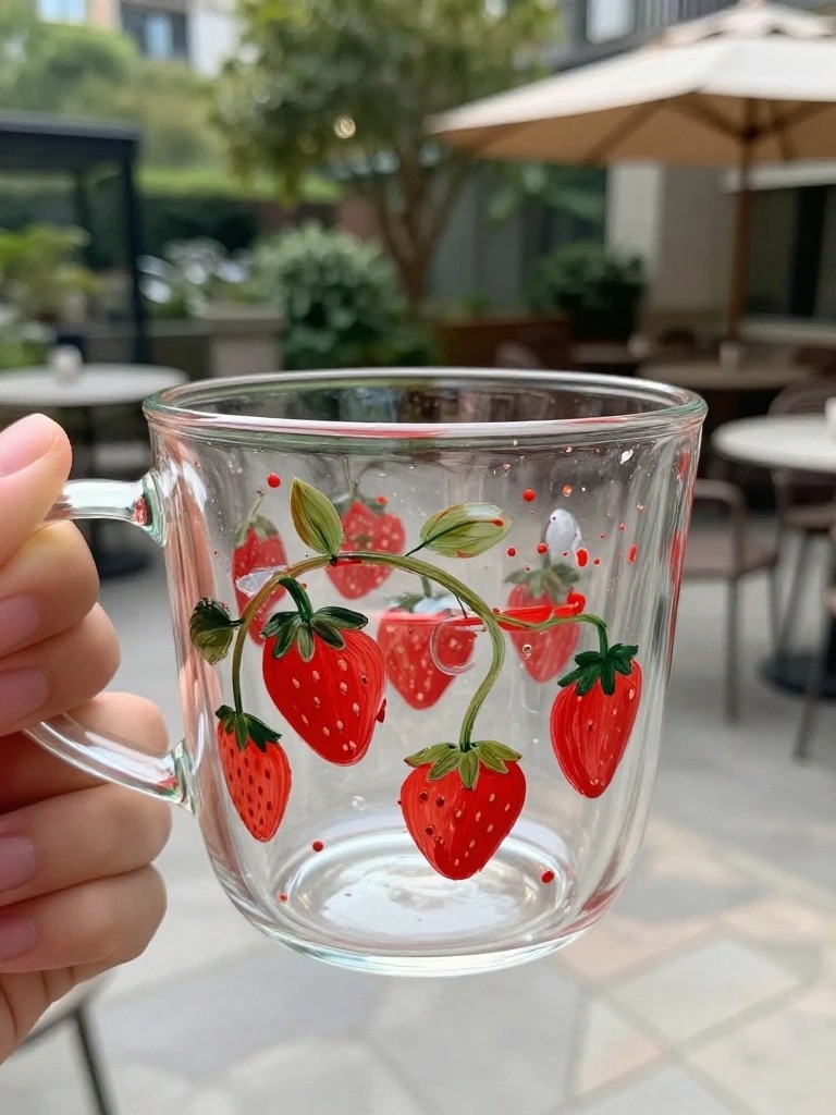 A hand holding a clear glass mug painted with red strawberries on green vines.