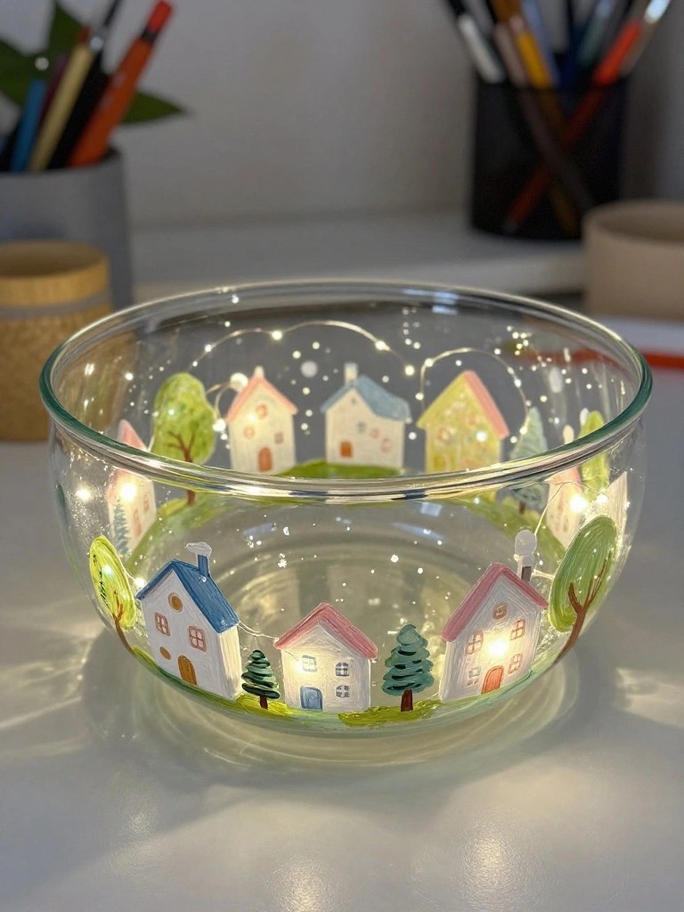 Clear glass bowl painted with colorful houses, trees, and glowing string lights.