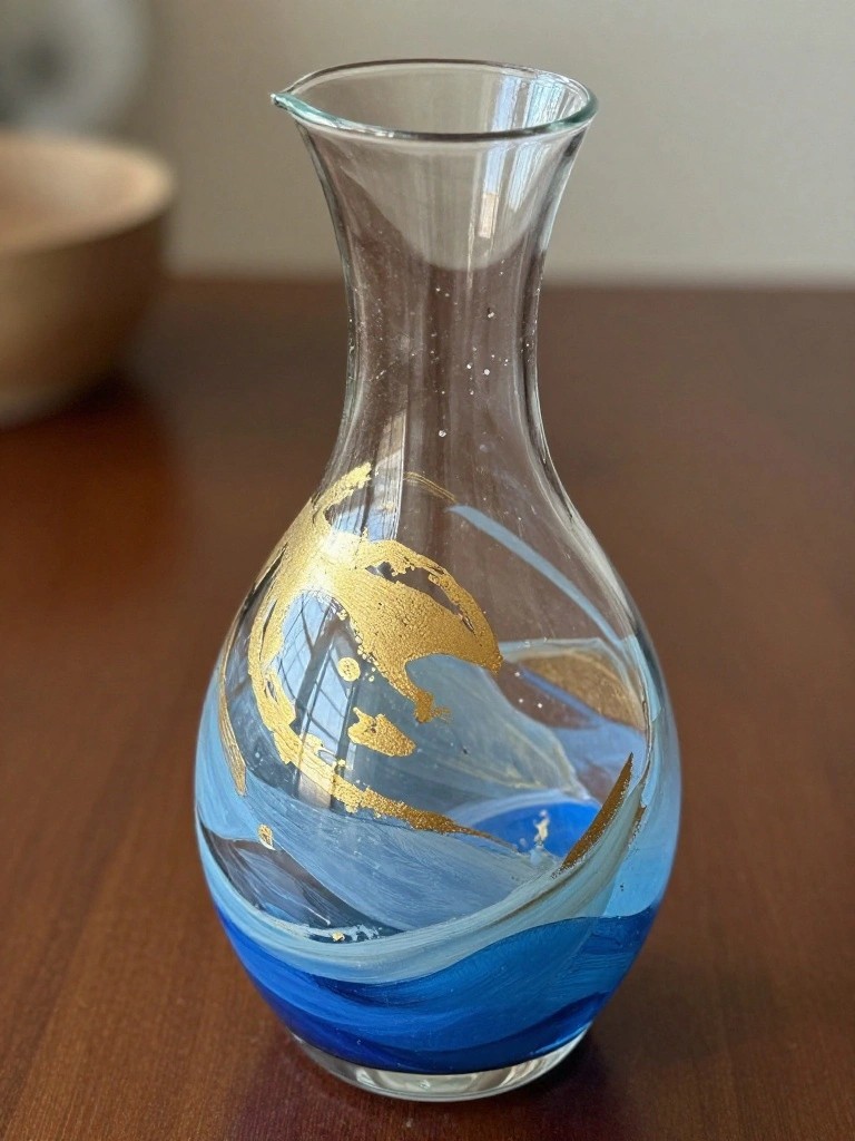 Clear glass vase with blue waves and gold abstract designs on wood