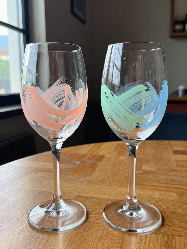 Two wine glasses with peach and turquoise brushstrokes on a wooden table