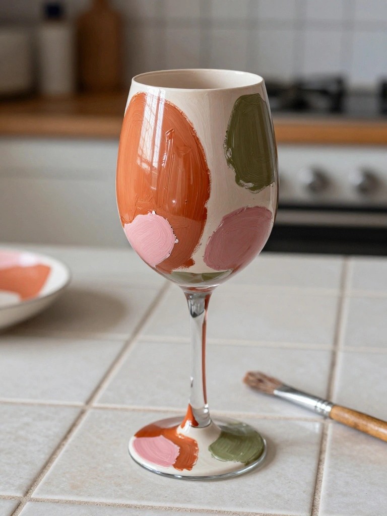 A wine glass with abstract painted patches of orange, pink, and green on a kitchen counter next to a paintbrush.