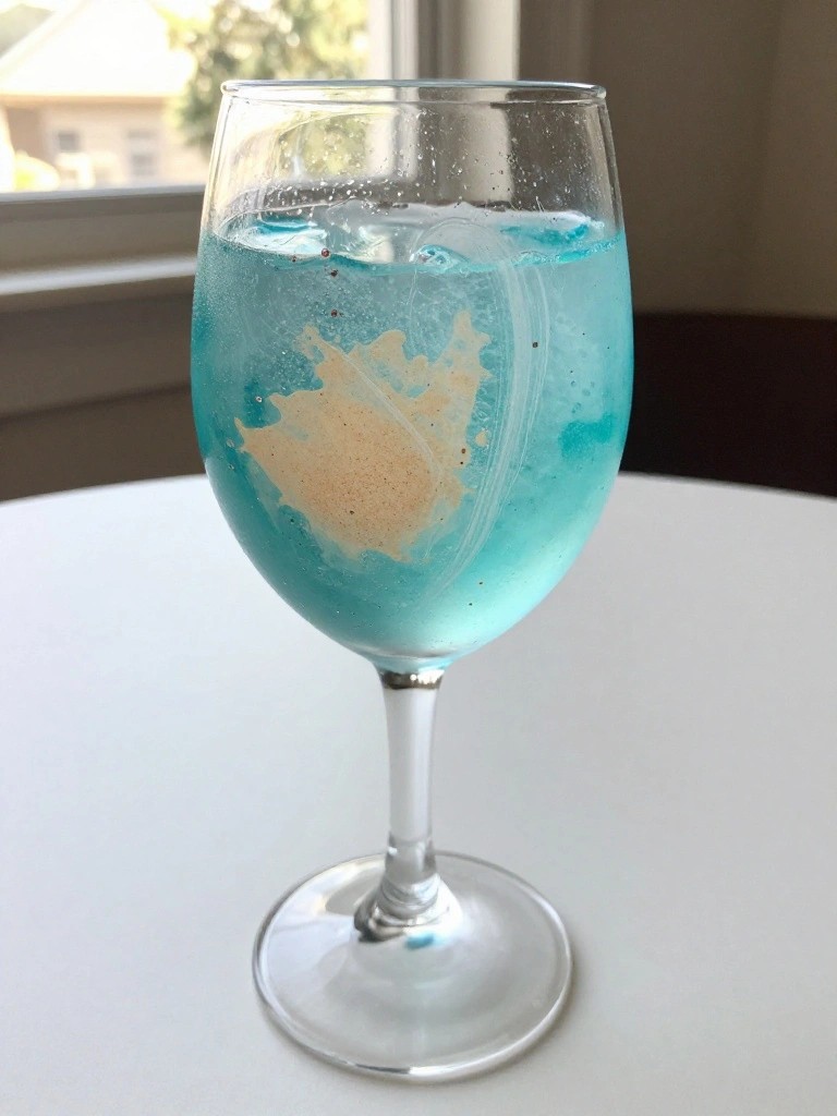 Wine glass on white table with blue liquid, beige swirls, and bubbles