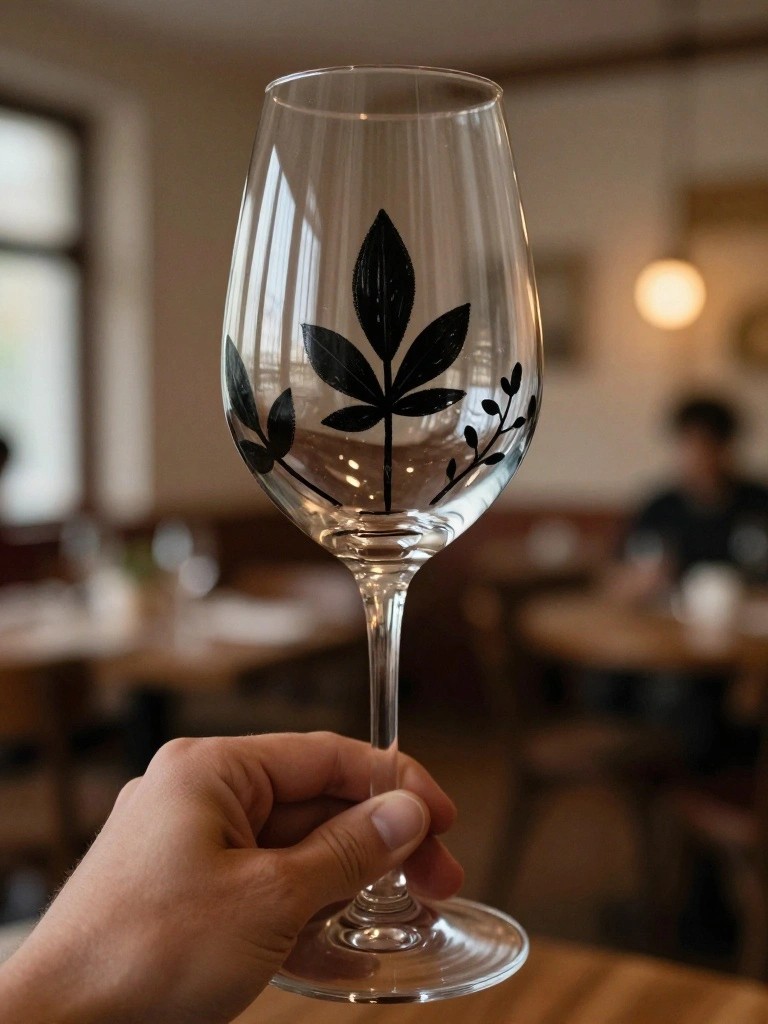 A hand holds a clear wine glass with a black painted leaf and stem design on the bowl.