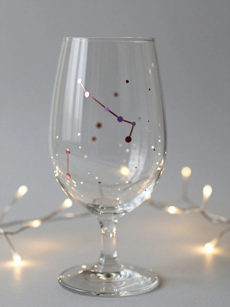 Wine glass with constellation patterns amid glowing blurred fairy lights